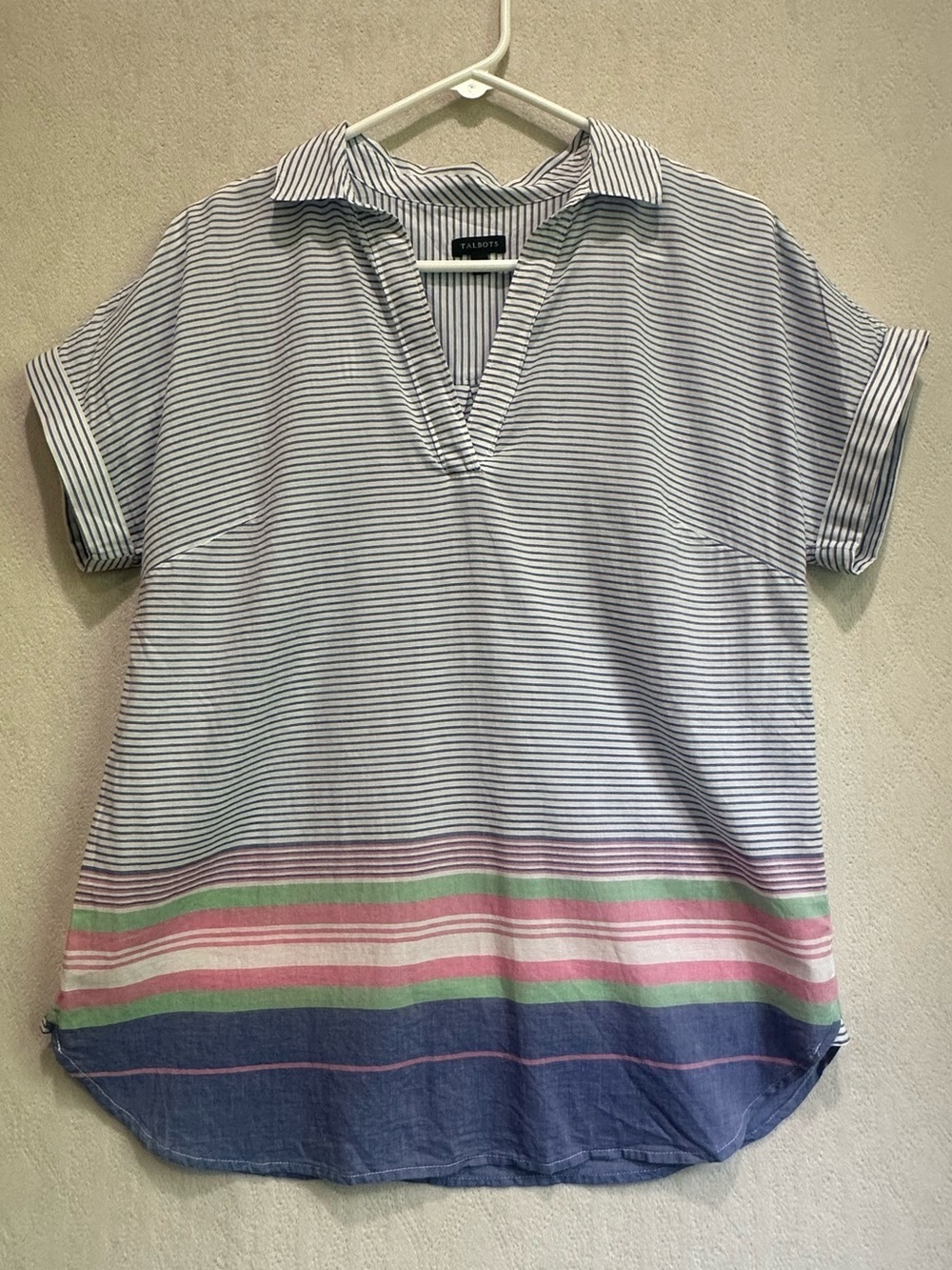 Talbots Coastal Striped V-Neck Collared Top with Pastel Border Sz M Nautical
